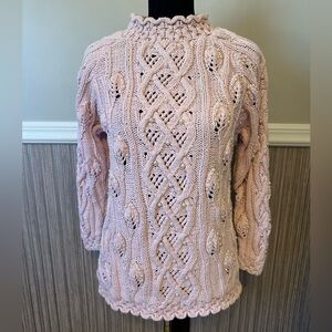 Vintage Yarnworks Pearl Embellished Cable Knit Sweater Pink Cottagecore Medium